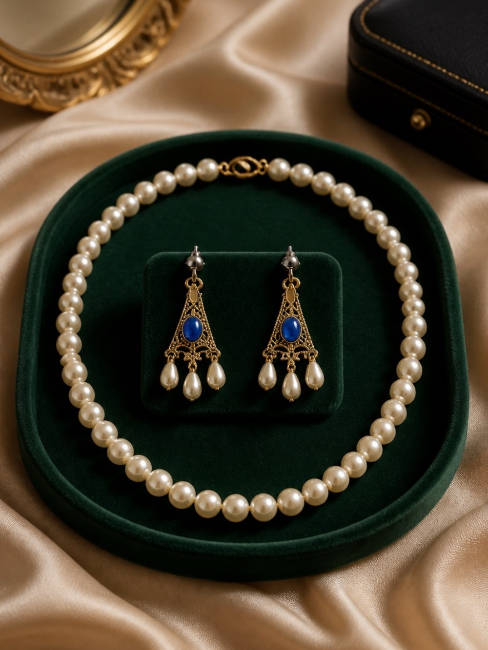 Classic Pearl Necklace with Blue Accent Drop Earrings - Women Jewelry accessory